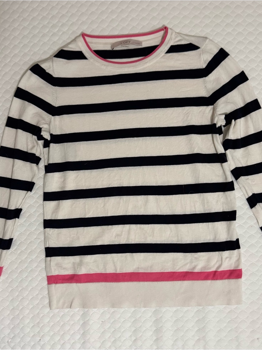 LOFT Petites White Navy Striped Sweater with Pink Trim